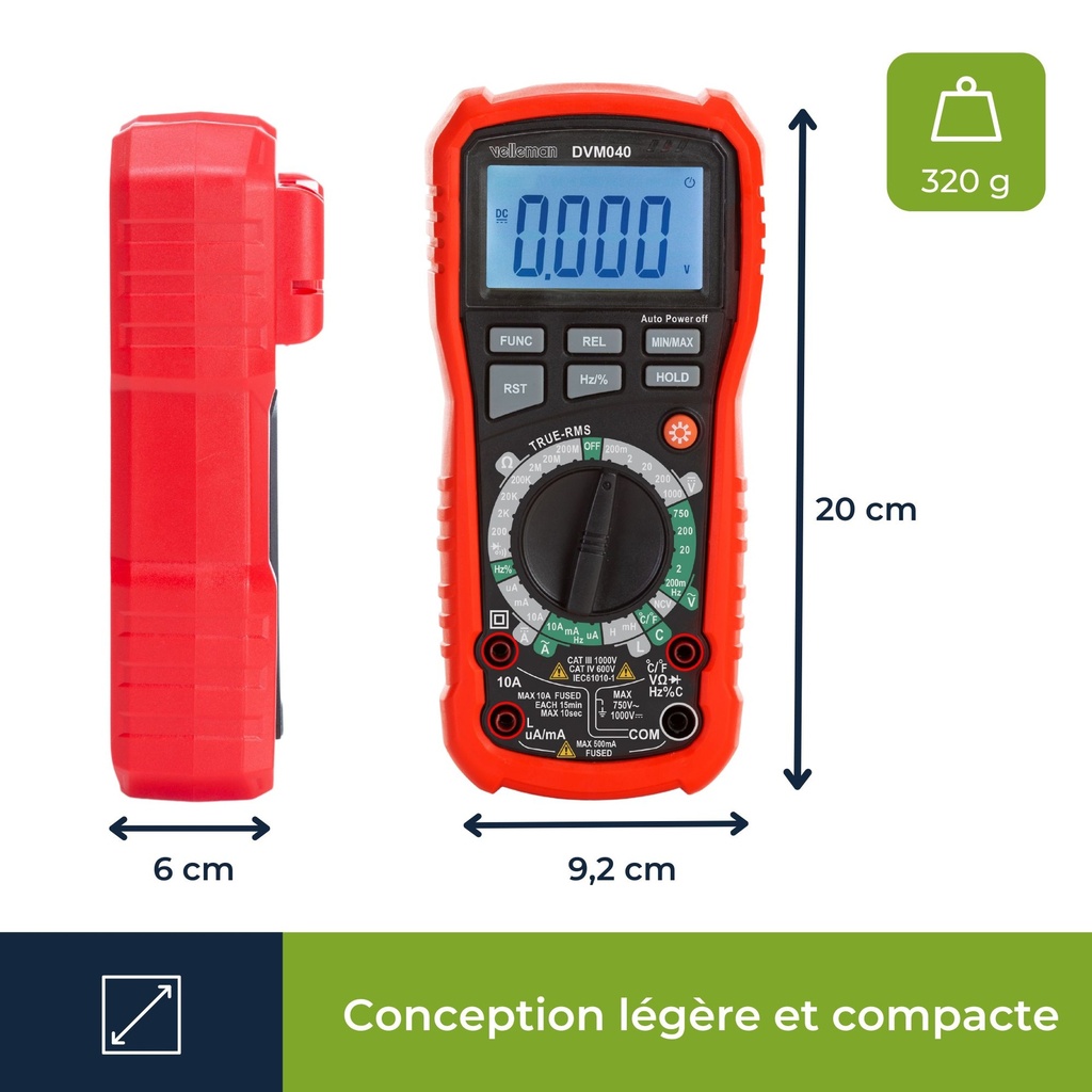 Multimètre compact à calibres manuels DVM040